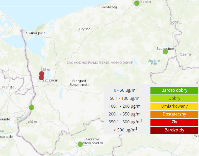 Bardzo wysokie stężenie dwutlenku siarki w Szczecinie