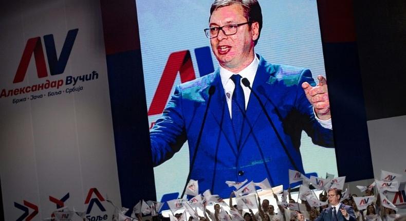 Aleksandar Vucic, speaking here during a pre-election rally of his Serbian Progressive Party, hopes to win a five-year term as president outright