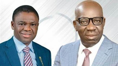 (R-L) Edo State Governor, Godwin Obaseki and his deputy, Philip Shaibu Leadership. [Leadership]