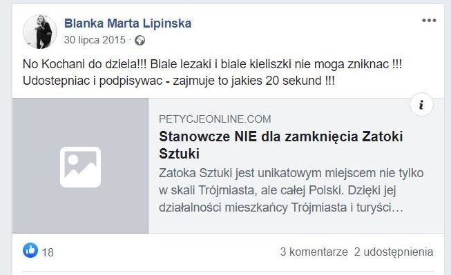 Blanka Lipińska i apel o obronę Zatoki Sztuki