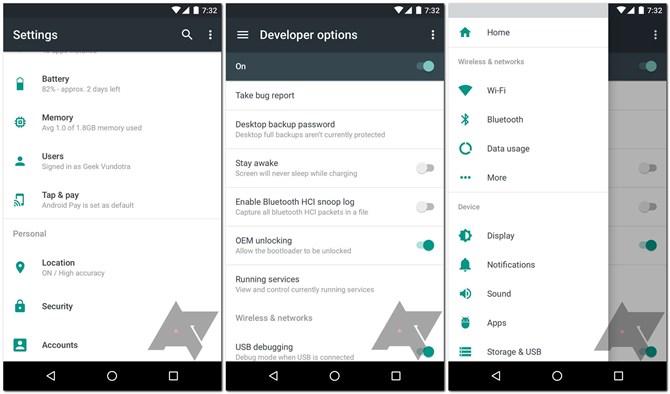 Android N - ustawienia i menu hamburger, które ma ułatwić nawigację.