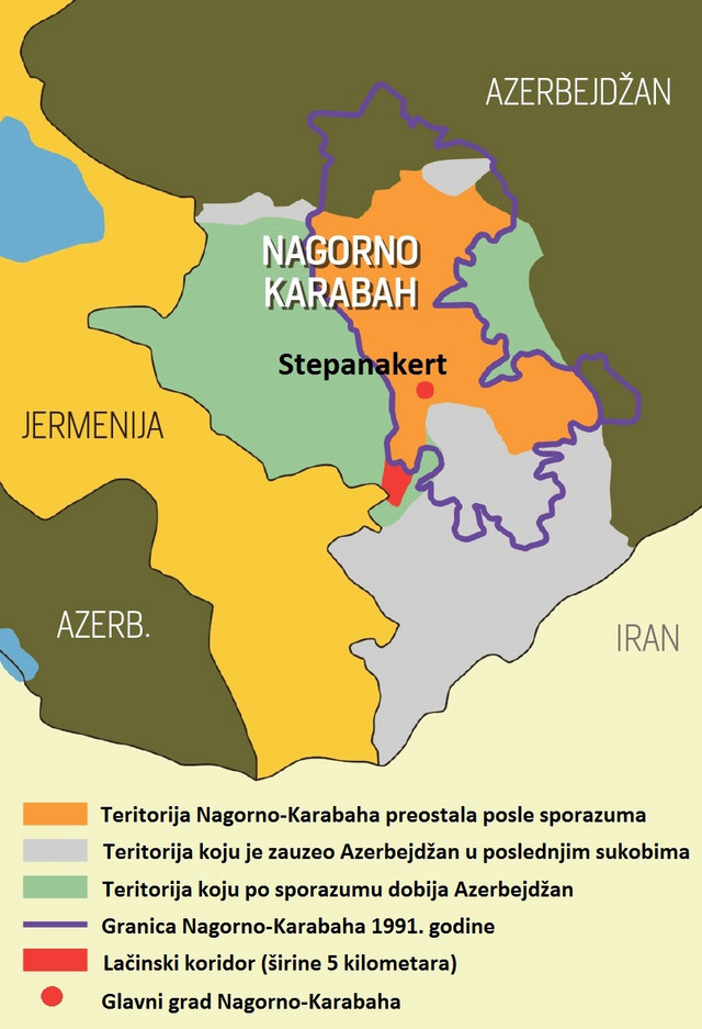 Mapa koja pokazuje kako izgleda odnos snaga u Nagorno-Karabahu nakon potpisivanja sporazuma