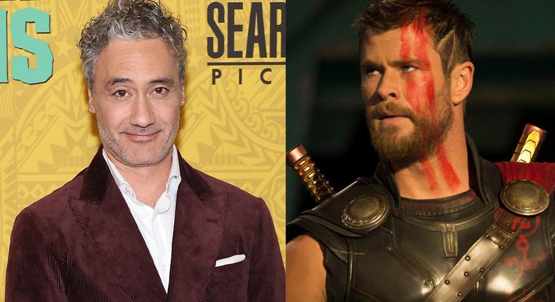 Taika Waititi at the Los Angeles premiere of Next Goal Wins, and Chris Hemsworth as Thor in Thor: Ragnarok.Amy Sussman/Getty Images/Marvel Studios/Disney