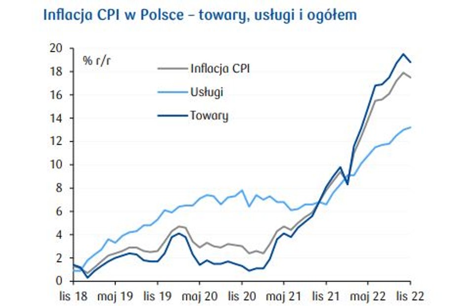 Ceny dóbr konsumpcyjnych rosną w wyraźnie szybszym tempie niż usług. 