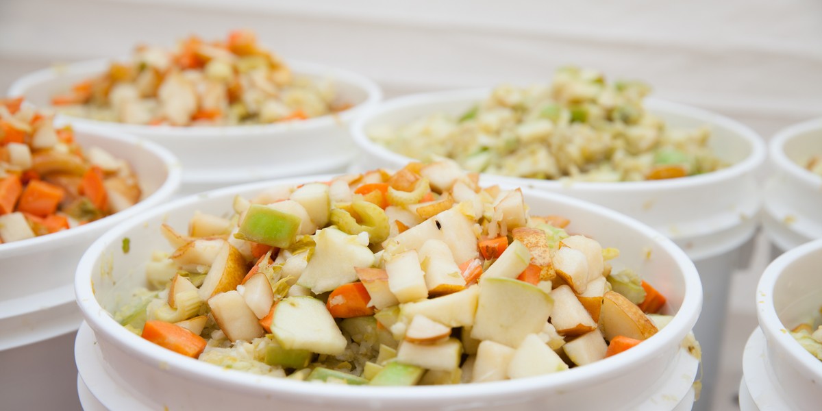 Buckets of food wait to be served at Feeding the 5,000, a festival in Manhattan, New York.