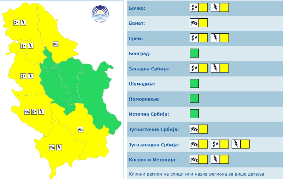 Žuti meteoalarm danas u Srbiji