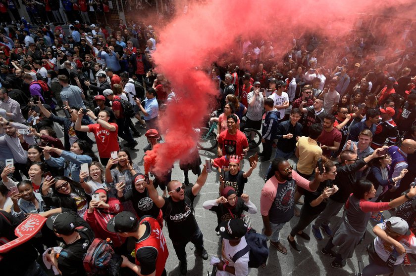 Toronto Raptors celebrate during their victory parade in Toronto