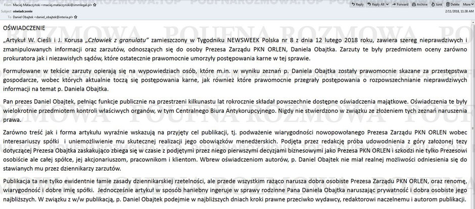 Screen maila od mecenasa Mataczyńskiego do Daniela Obajtka 