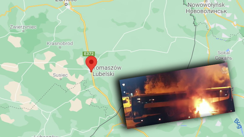 Autokar stanął w płomieniach w centrum Tomaszowa Lubelskiego