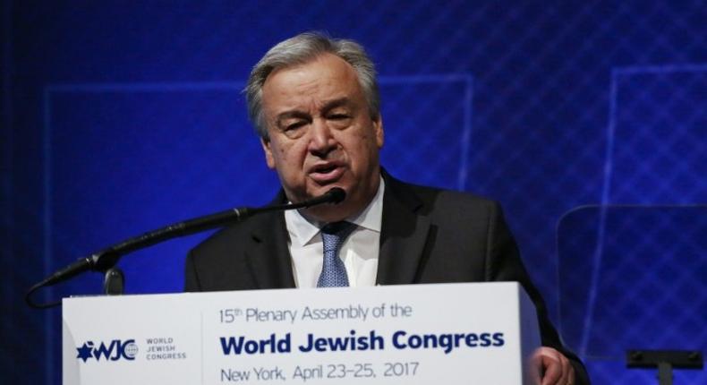 United Nations Secretary General Antonio Guterres addresses The World Jewish Congress on April 23, 2017 in New York