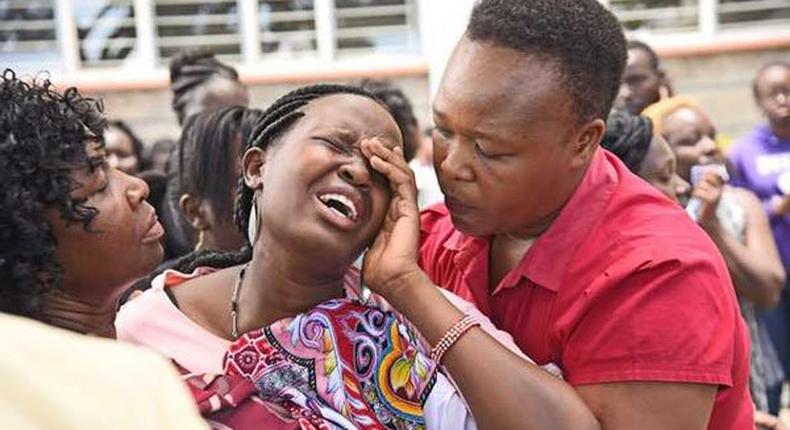 Kipyegon Kenei's fiance Judy Chepsoi overcome with grief upon seeing the deceased's body at Umash Funeral Home in Nakuru County on March 6