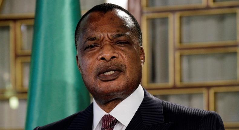 Congo's President Denis Sassou Nguesso speaks during a news conference after his meeting with Tunisia's President Beji Caid Essebsi at Carthage Palace in Tunis January 22, 2015. Sassou Nguesso is in Tunisia on a two-day visit. 