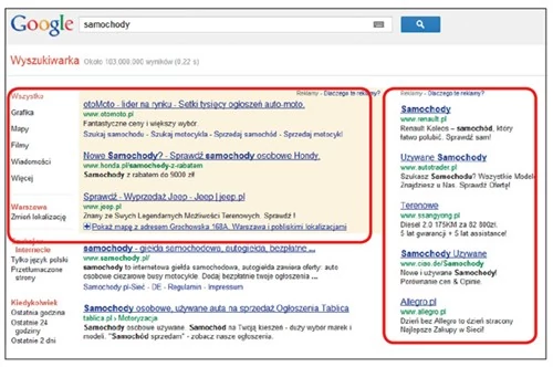 Google AdSense: u góry i po prawej stronie Google wyświetla reklamę
