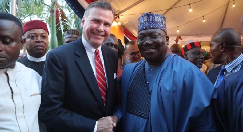 President of the Senate, Senator Ahmad Lawan, joined the United States Ambassador to Nigeria, Stuart Symington in the celebration of the 243rd Independence Anniversary of the USA at the US Embassy in Abuja. [Twitter/@SPNigeria]