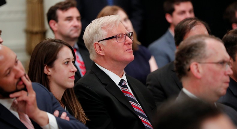 Gateway Pundit publisher Jim Hoft listens to then-President Donald Trump during a social media summit meeting with prominent conservative social media figures in the White House.REUTERS/Carlos Barria