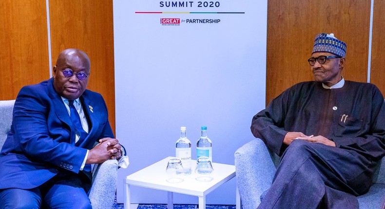 Akufo-Addo and Buhari at the UK-Africa summit in London. Photo by @BashirAhmaad