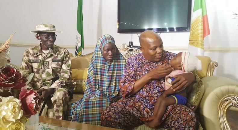 Governor Kashim Shettima receives 'rescued' Chibok schoolgirl, Rakiya Abubakar and her baby in Maiduguri