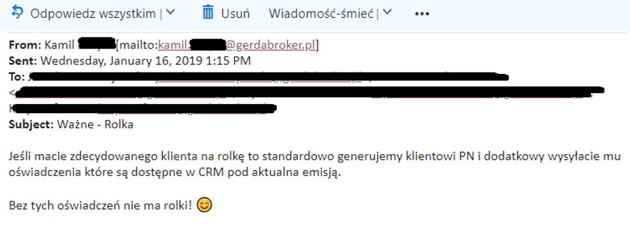 Wiadomość e-mail od dyrektora Gerdy do sprzedawców, przypominająca o konieczności wypełnienia przez klientów oświadczeń potrzebnych do zrolowania inwestycji. PN to skrót od Propozycja Nabycia.