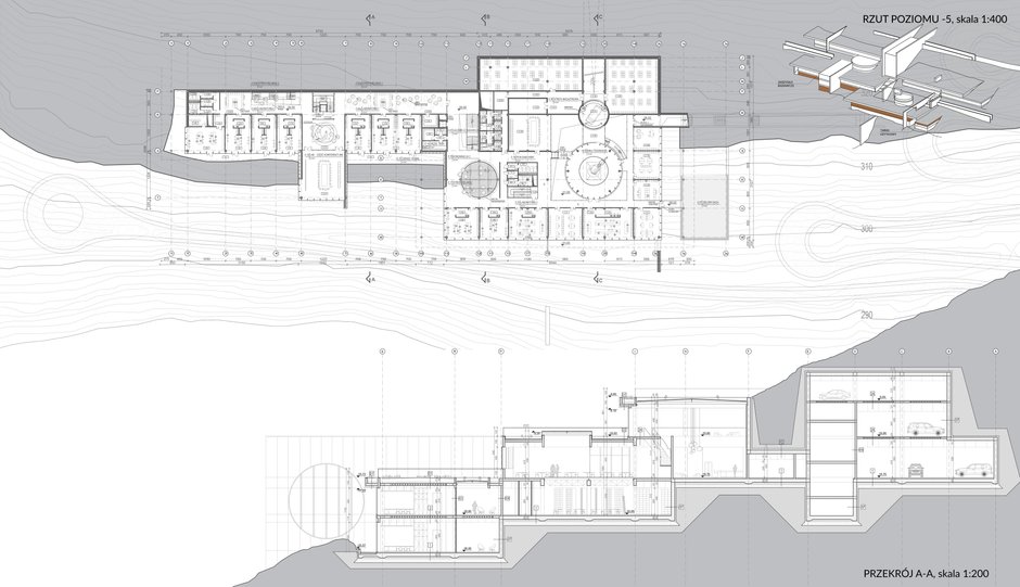 Projekt Centrum badań, rzut poziomu -5, przekrój A-A