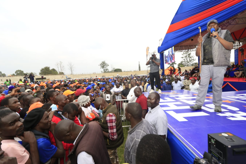 Defence CS Eugene Wamalwa addressing an Azimio rally in Bukhungu Stadium on July 9, 2022