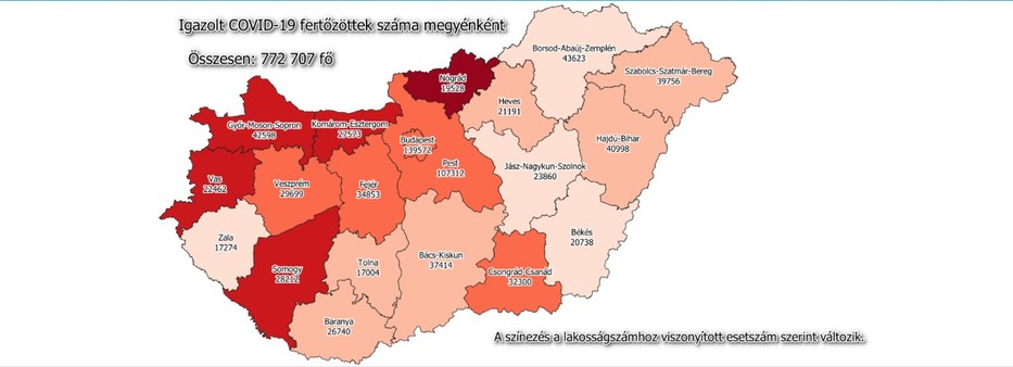 Covid-fertőzöttek száma megyénként / Fotó: koronavirus.gov.hu