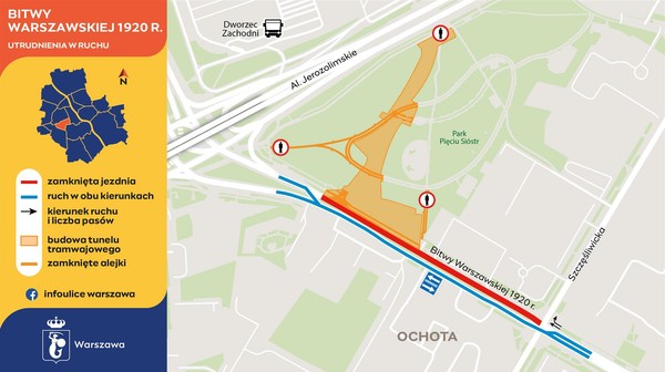 Budowa tramwaju na Dworzec Zachodni powoduje utrudnienia w ruchu