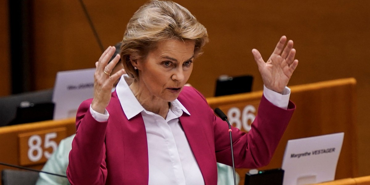 27.05.2020, Bruksela. Przewodnicząca Komisji Europejskiej Ursula von der Leyen w czasie prezentacji unijnego funduszu odbudowy na sesji Parlamentu Europejskiego