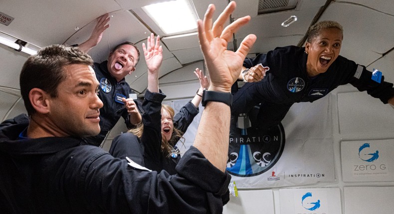 The Inspiration4 crew enjoys weightlessness on a parabolic flight, July 11, 2021.
