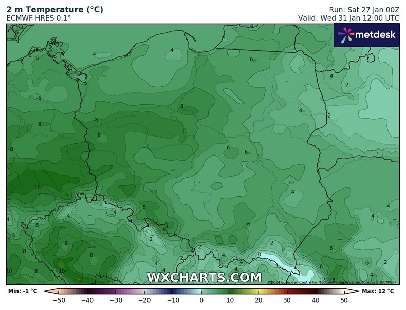 Na termometrach zobaczymy od 5 st. C na wschodzie, do 10 st. C na zachodzie