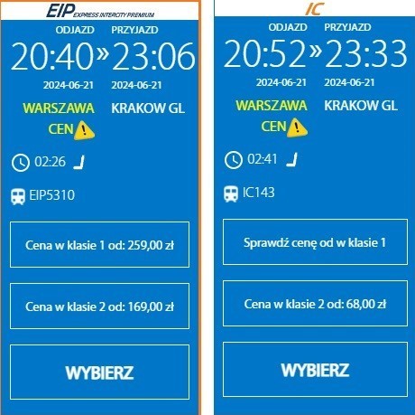 Screenshot from PKP Intercity website showing differences in price and travel time