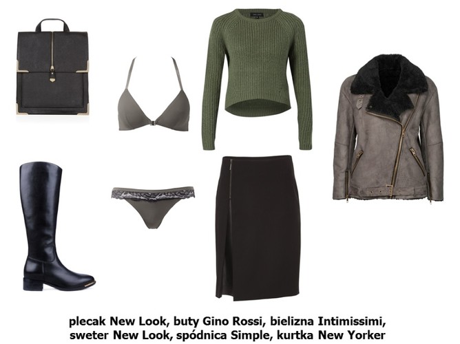Plecak New Look: 129,9 pln Buty Gino Rossi: 899,9 pln Bielizna Intimissimi: góra - 89,9 pln, dół- 44,9 pln Sweter New Look: 79,99 pln Spódnica Simple: 499,9 pln Kurtka New Yorker: 189 pln