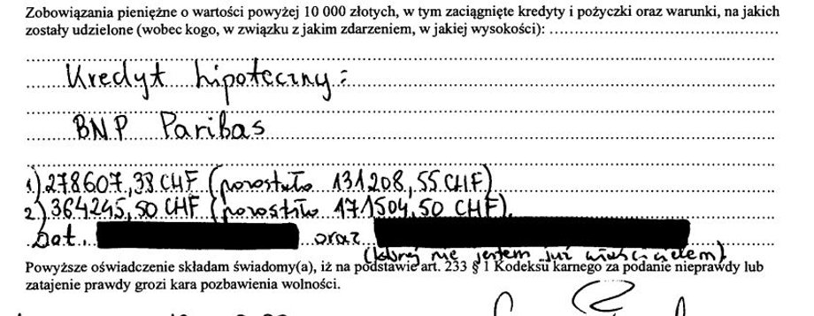 Fragment oświadczenia majątkowego Grzegorza Płaczka