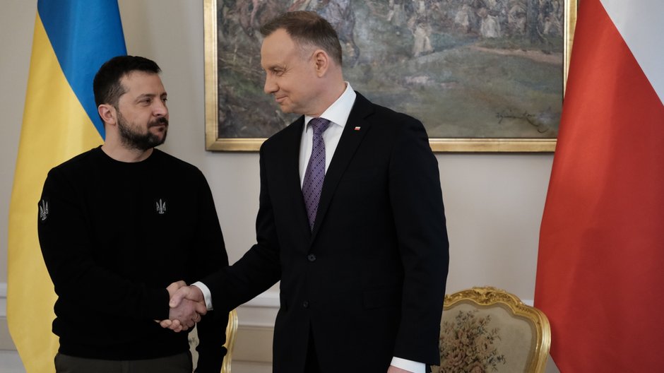 Wołodymyr Zełenski i Andrzej Duda podczas spotkania w Warszawie (5 kwietnia 2023 r.)