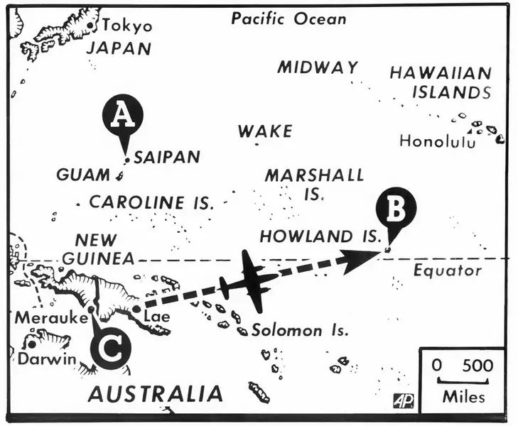 Odnalezienie szczątków dwóch osób na wyspie Saipan (A) wzbudziło podejrzenie, że mogą należeć do Amelii Earhart i jej nawigatora Freda Noonana, zaginionych w 1937 roku podczas lotu z Lae w Nowej Gwinei na wyspę Howland (B). Fot. ASSOCIATED PRESS/East News