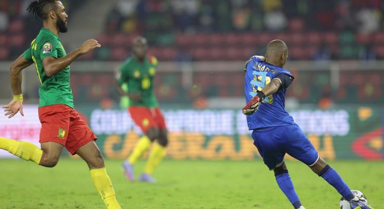 Chaker Alhadhur, with his number three taped onto his goalkeeper's jersey, starred for the Comoros despite their defeat to AFCON hosts Cameroon Creator: Kenzo Tribouillard