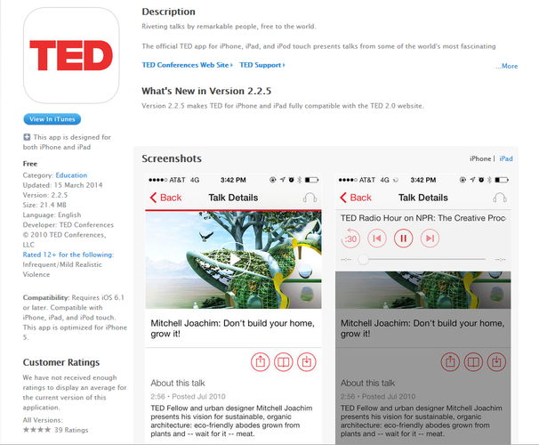 <b>TED</b>
<br><br>
TED to cykl konferencji naukowych organizowanych przez amerykańską fundację non-profit Sapling Foundation. Ich celem jest popularyzacja nauki. Na mobilnej platformie TED znajdziemy mnóstwo interesujących wykładów oraz prezentacji - zarówno w formie podcastów audio, jak i nagrań wideo. Dla łaknących wiedzy - jest to obowiązkowa, codzienna dawka inspiracji.