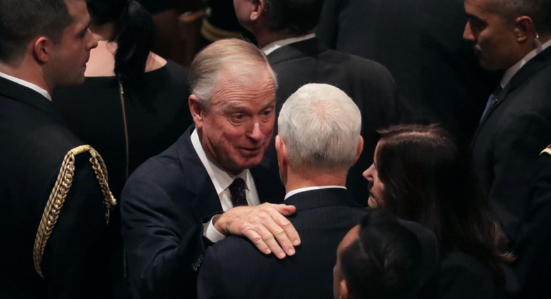 WASHINGTON, DC - DECEMBER 05: Former Vice President Dan Quayle (L) greets Vice President Mike Pence during the state funeral for former President George H.W. Bush at the National Cathedral December 05, 2018 in Washington, DC. A WWII combat veteran, Bush served as a member of Congress from Texas, ambassador to the United Nations, director of the CIA, vice president and 41st president of the United States.
