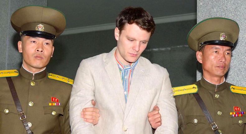 Warmbier is taken to North Korea's top court in Pyongyang, North Korea, in this photo released by Kyodo March 16, 2016.