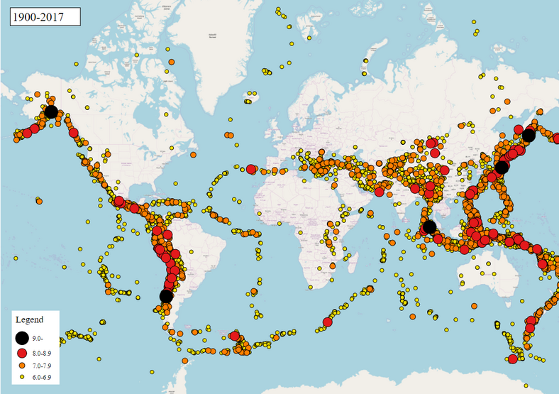 Mapa trzęsień ziemi o magnitudzie przekraczającej 6 od 1900 roku. Jak widać - nie ma takich wstrząsów w Polsce