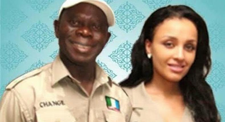 Edo State Governor, Adams Oshiomhole and wife-to-be Lara Fortes.