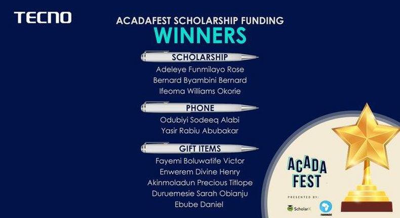 TECNO, IManage Africa and ScholarX fulfilled their promise as they reward winners in the AcadaFest Scholarship 2019