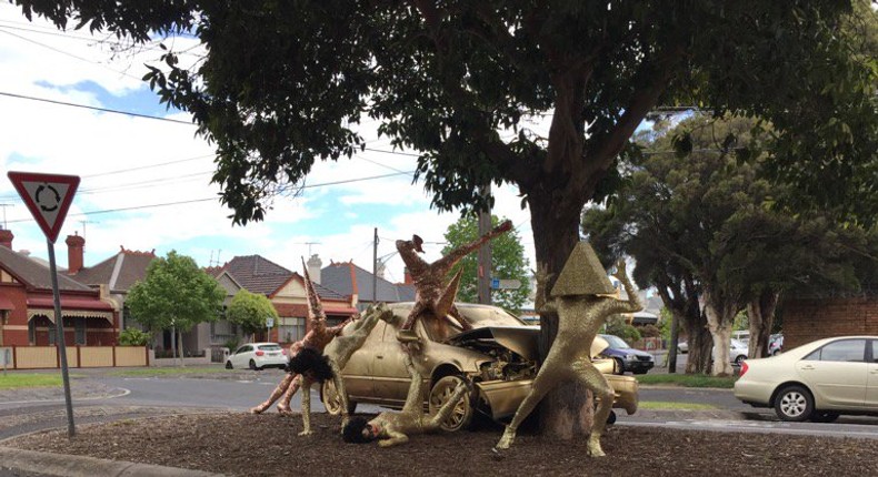 Crashed car art installation