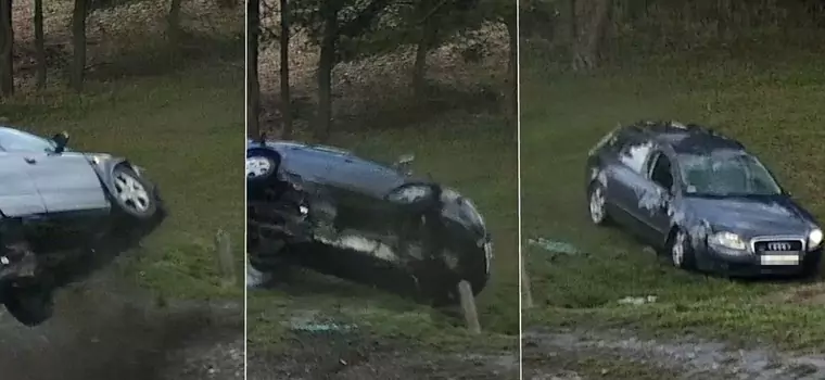 Przeleciał Audi przez tory. Dachował i wyszedł z tego bez szwanku. Policjanci natychmiast ustalili przyczynę [WIDEO]