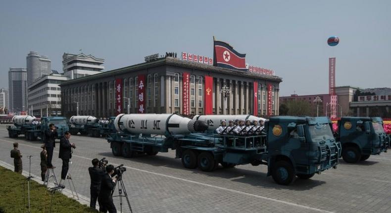 An unidentified mobile rocket lancher is displayed during a military parade marking the 105th anniversary of the birth of late North Korean leader Kim Il-Sung, in Pyongyang on April 15, 2017