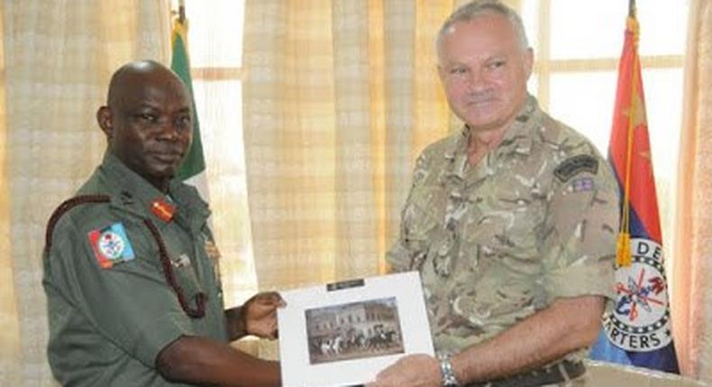 Nigerian Chief of Defence Staff, Major General Gabriel Olonishakin receives senior British officers at the Defence Headquarters in Abuja on August 6, 2015.