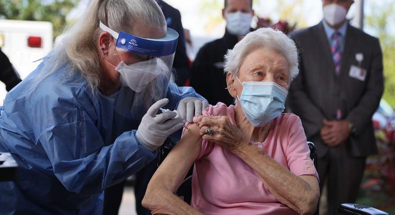 Vera Leip, 88, receives a Pfizer-BioNtech COVID-19 vaccine at the John Knox Village Continuing Care Retirement Community on December 16, 2020 in Pompano Beach, Florida.
