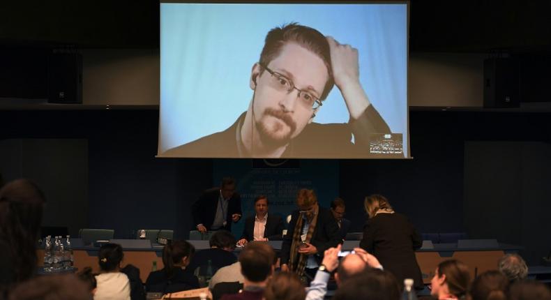 Former US National Security Agency contractor and whistle-blower Edward Snowden speaking on March 15, 2019 via video link from Russia
