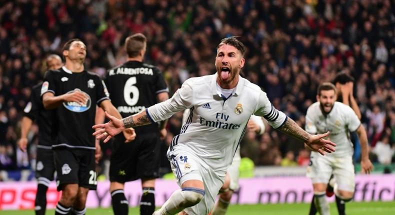 Real Madrid's defender Sergio Ramos celebrates after scoring on December 10, 2016