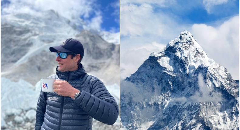 Professional mountaineer Garrett Madison (left) has summited Mt. Everest (right) 14 times. Even though it's the tallest mountain he's climbed, it's not the most difficult, he says.Garrett Madison, Zzvet/Getty Images