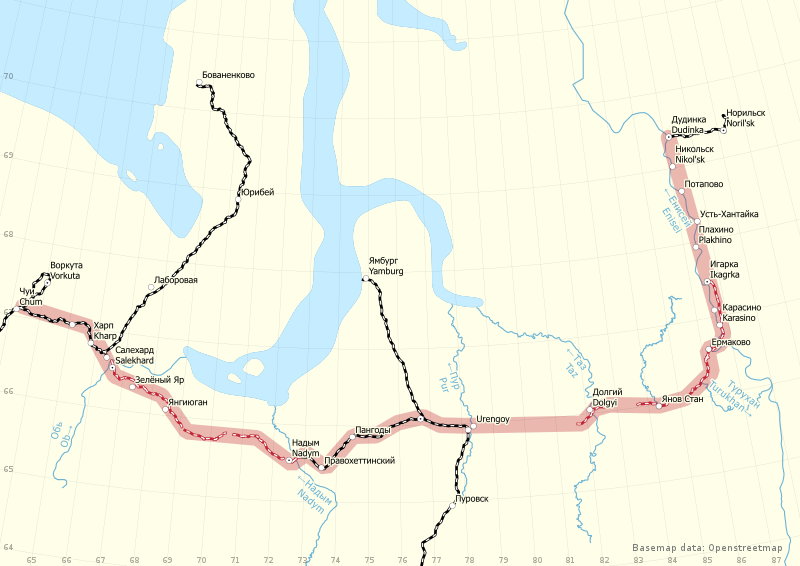 Wybudowane odcinki Transpolarnej Magistrali Kolejowej zaznaczone są na mapie na biało-czerwono, twórcy: OpenStreetMap, licencja CC BY-SA 2.0